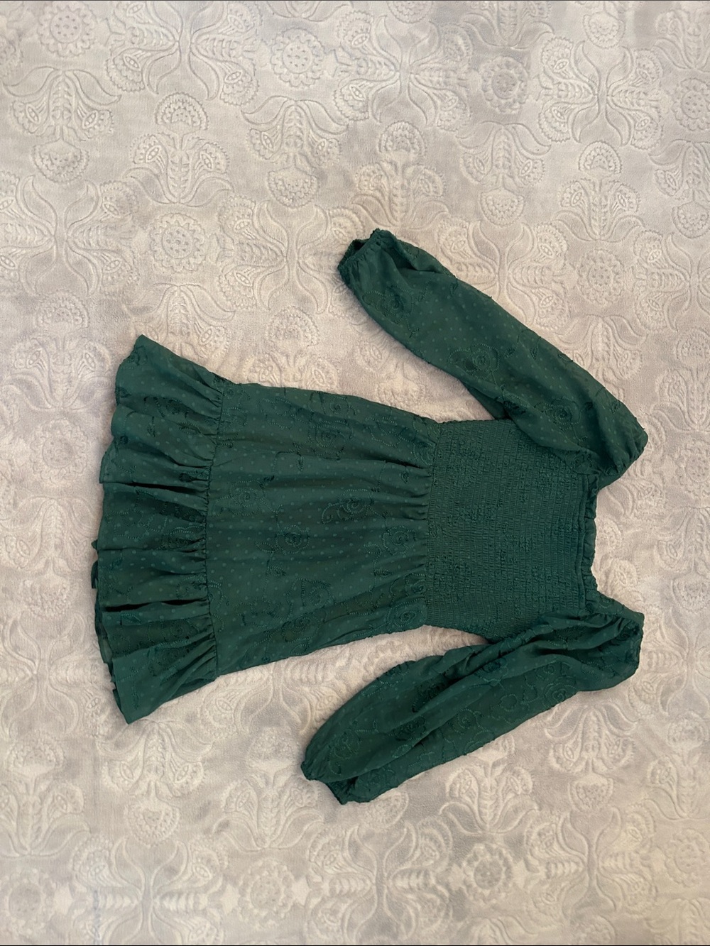 Girls  Emerald Green Puff-Sleeve Smocked Bodice Top